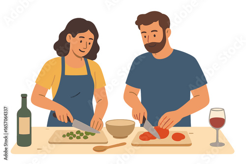 A couple enjoys cooking together at home while preparing a romantic evening meal