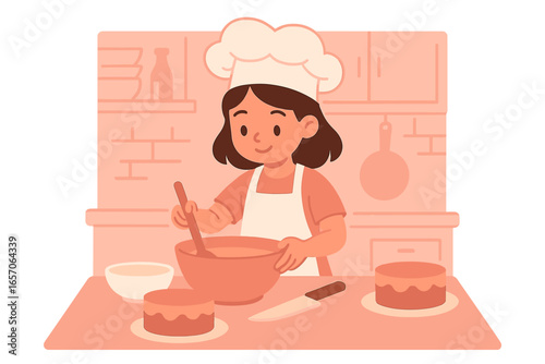 A young girl sits at a table molding dumplings from uncooked wheat dough, illustrating the concept of home or classroom cooking, teaching culinary skills, or working remotely, depicted in a vector