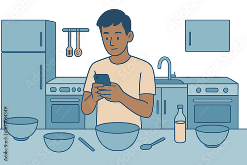 A young man unwinds at home while utilizing his mobile phone in a contemporary kitchen setting