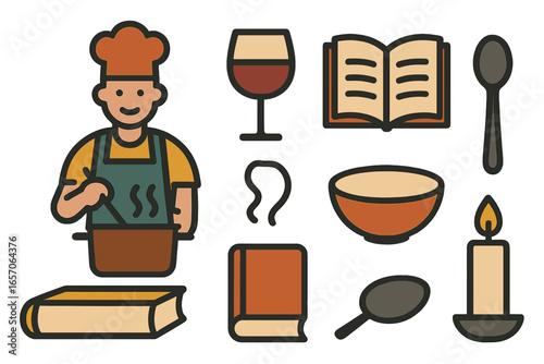 Outline style icons of Meals at Home include cooking dinner, setting the table, family eating, and serving food