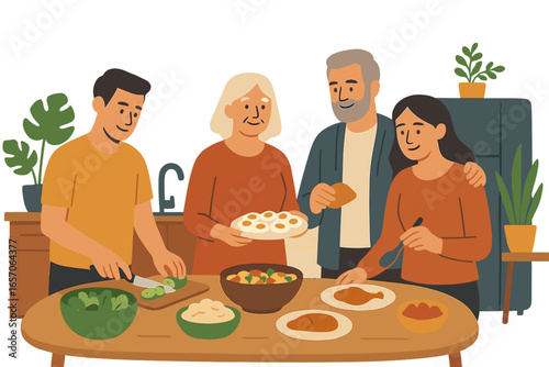 Vector illustration of happy family cooking together, depicting a cartoon father, mother, daughter, and son preparing lunch or dinner in their home kitchen, representing family and food concept