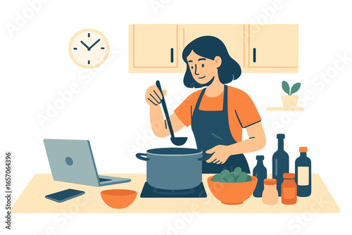 A young man utilizes a laptop or tablet at home to prepare food, engaging in cooking training and hobby activities while spending time in the kitchen to make homemade meals
