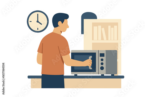 A man is cooking at home in the kitchen using a microwave oven