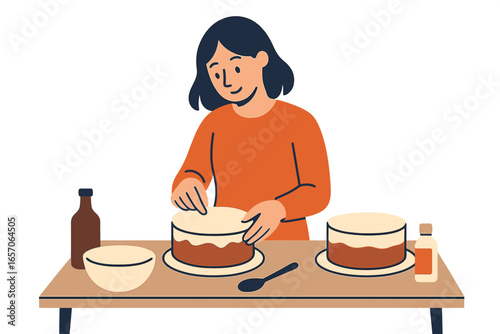 Flat vector illustration of a housewife making homemade pastry and bakery with eggs and flour, depicting a young girl preparing cake at home with dessert and delicacy isolated on white background
