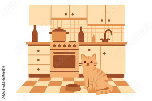 Adorable tabby cat standing by an empty food bowl in a contemporary kitchen setting, awaiting a meal, as depicted in a flat cartoon vector illustration of domestic animal life at home