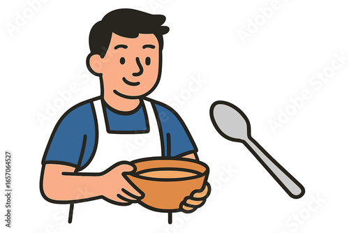 A man chef cooks tomato soup, depicted in a vector cartoon illustration with a ladle and pot of Ukrainian borscht, as a person prepares gazpacho, stew, or tomato soup in a saucepan in their home