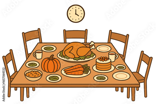 Vector illustration of a cartoon family reunion with a Thanksgiving dinner table setting at home, featuring a fireplace in the dining room
