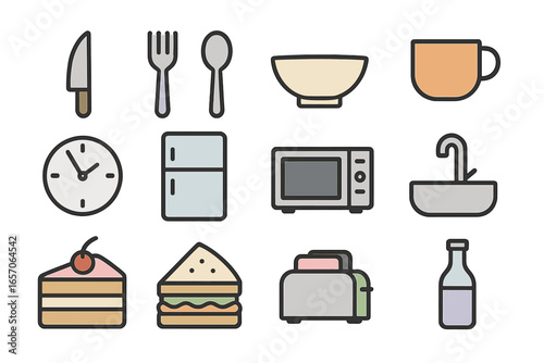 Food and preparation tools along with a grocery list and kitchen items are shown on a plain home background