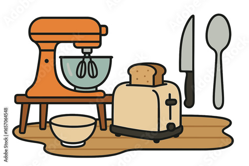Dessert preparation and recipe creation at home are facilitated by the display of baking tools and ingredients on a countertop