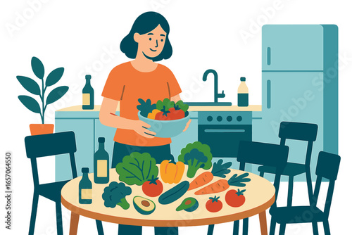 Vector illustration of a modern kitchen interior showing a happy woman cooking healthy food at home in a horizontal portrait