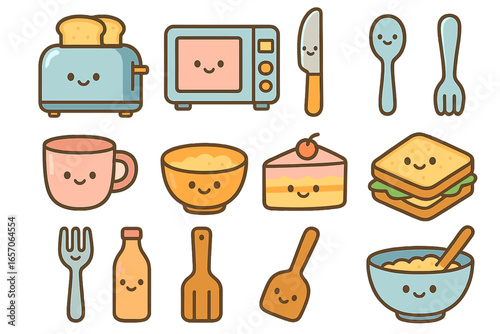 This delightful kitchen cooking set showcases cute smiling utensils, cookware, and food items, adding enjoyment and personality to cooking, baking, and daily meals at home
