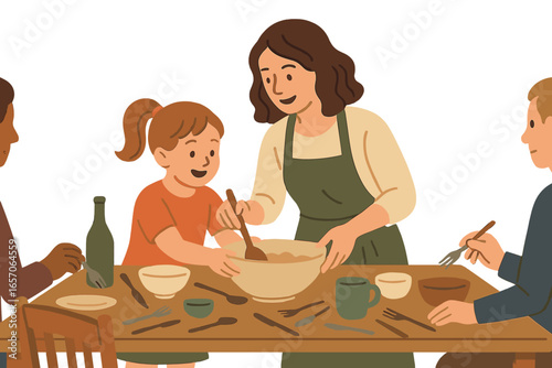 Mother and daughters engage in culinary learning through collaborative cooking activities in their family kitchen at home