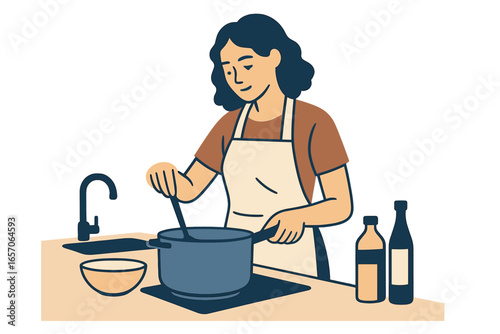 A large sized female is preparing a meal by herself, mixing the contents of a bowl in her own residence
