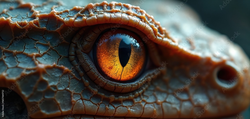 Fototapeta premium Extreme macro shot of orange reptile eye intricate cracked leathery skin texture. Iris, striking blend of orange, brown, features vertical pupil reflecting intense predatory gaze. Detailed scales