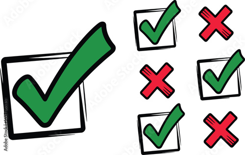 Hand drawn checkmarks and xs in boxes representing correct and incorrect choices on a white background