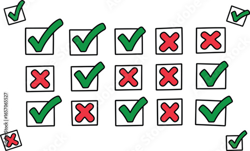 A visual representation of a to do list or survey results showing a mix of completed tasks and incorrect answers with green checkmarks and red crosses