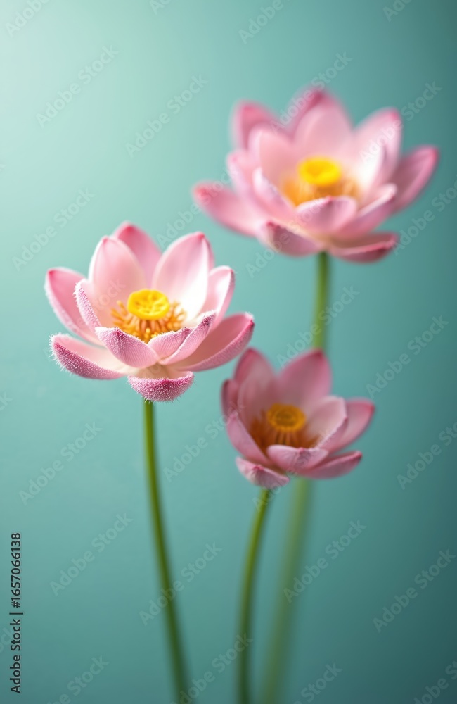 Fototapeta premium Three soft pink lotus flowers with yellow centers bloom against tranquil teal gradient background. Fuzzy petals, delicate green stems create serene, natural aesthetic. Perfect for wellness, spa,