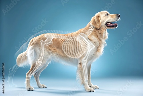 Golden retriever dog with skeleton anatomy illustration on blue background