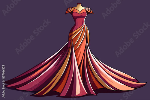 vector of Simple evening dress with elongated cuts and shiny fabric design (satin, velvet) for sewing