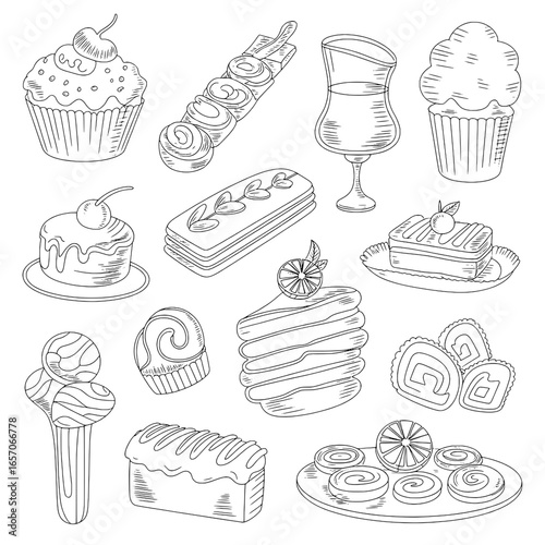 Collection of 15 Hand-Drawn Line Art Desserts: Cupcakes, Cakes, Pastries, and Sweets
