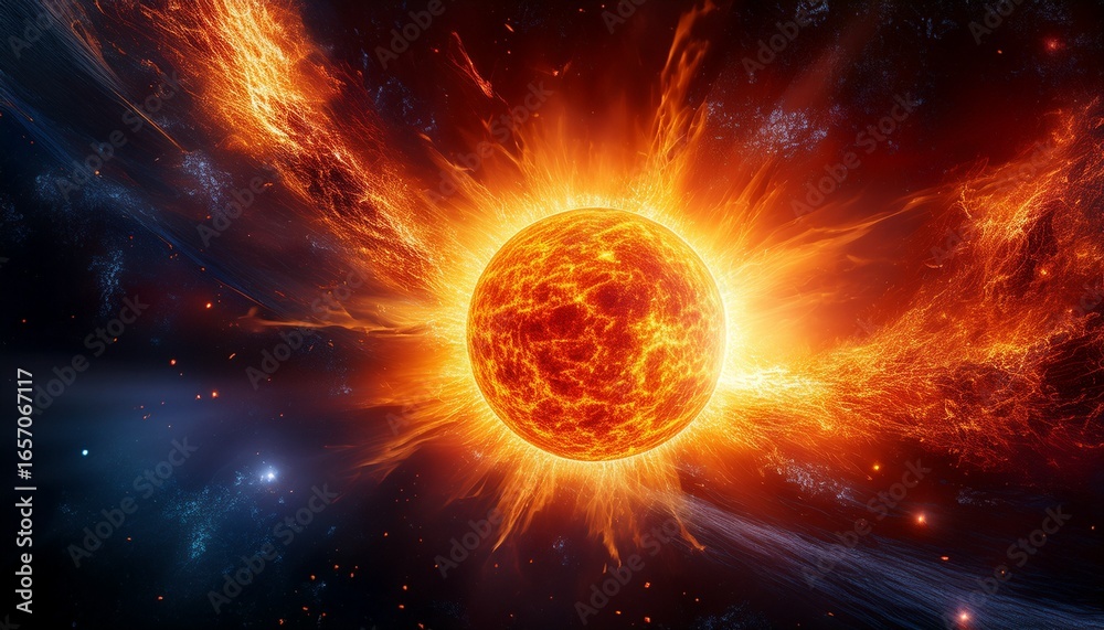 Obraz premium sun exploding in outer space generating solar flares