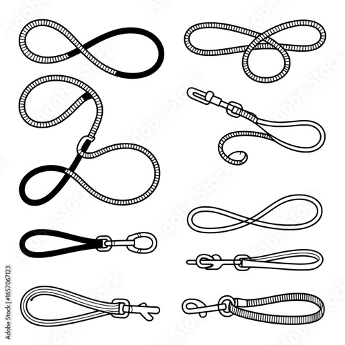 Nine Line Drawings of Leashes and Ropes:  Various Styles and Configurations for Pet or Outdoor Gear