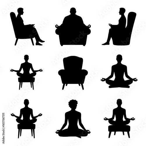 Nine Black Silhouettes: People Meditating and Sitting in Armchairs