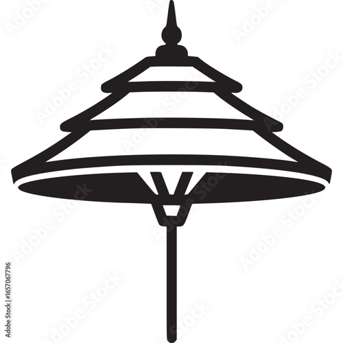 Elegant black and white umbrella icon isolated on white background, a symbol of protection and shade from the sun, perfect for travel and tourism designs