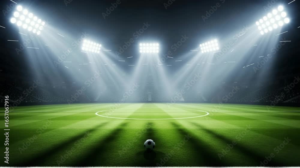Dramatic view of a soccer ball on a green field in an empty stadium under bright spotlights at night. Epic concept of championship, ambition, and the decisive moment of a game.

