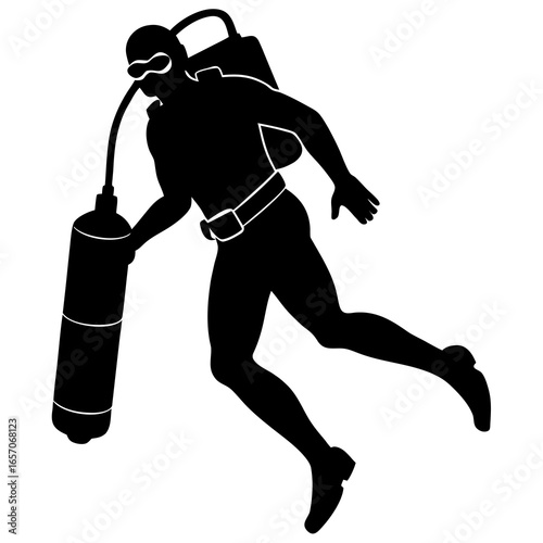 Black scuba diver with oxygen tank diving black silhouette