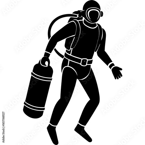 Black scuba diver with oxygen tank diving underwater