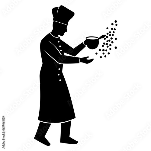 Black chef sprinkling seasoning from bowl cooking black silhouette
