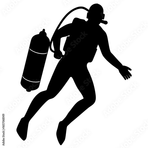 Black scuba diver with oxygen tank silhouette diving