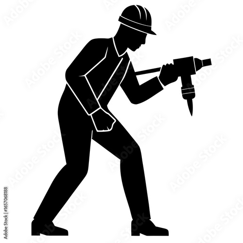 Black silhouette construction worker drilling jackhammer