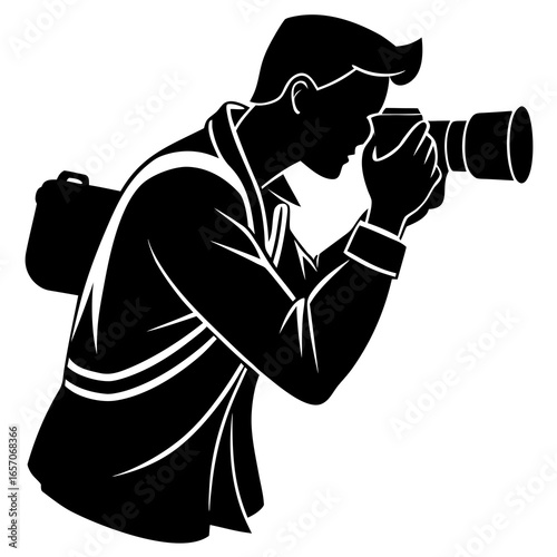 Black silhouette man holding camera adjusting lens