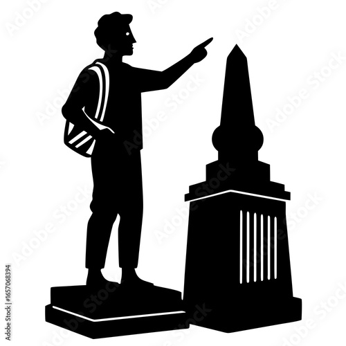 Black silhouette man pointing at monument obelisk