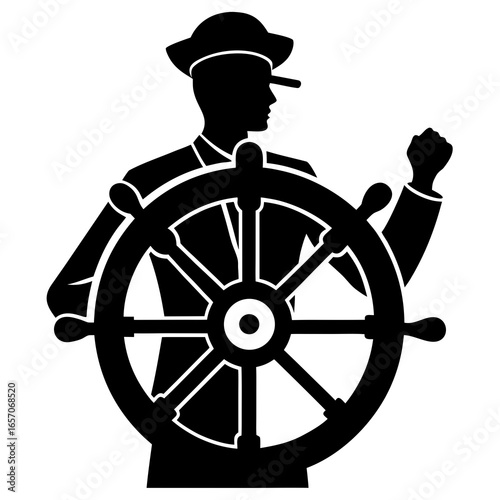Black silhouette of a captain steering a ship steering wheel