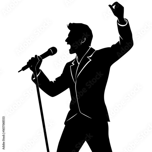Black silhouette of a man singing into a microphone