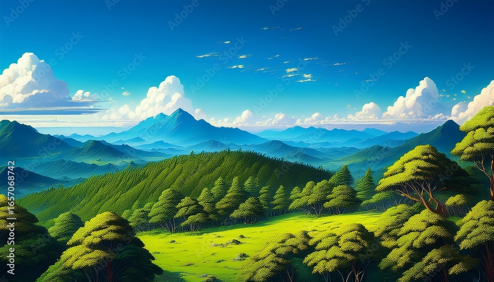 Fototapeta premium krajobraz przedstawiaj cy zielony las i ki na tle niebieskiego nieba