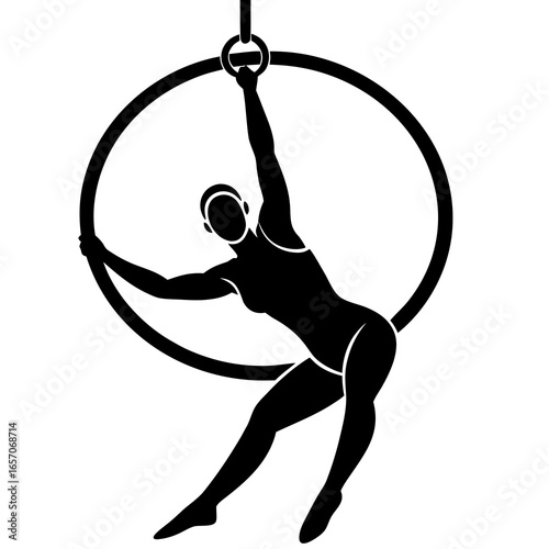 Black silhouette of athlete performing aerial hoop routine