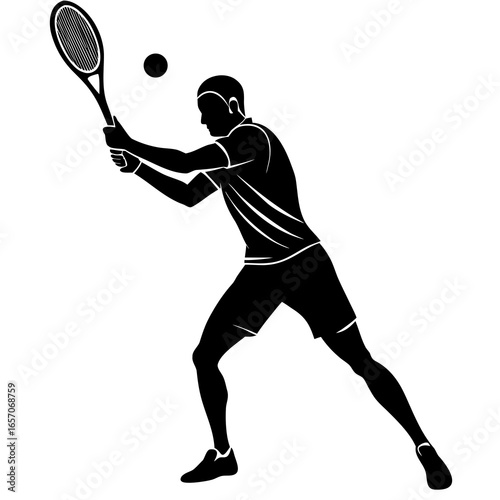 Black silhouette of tennis player hitting ball racket