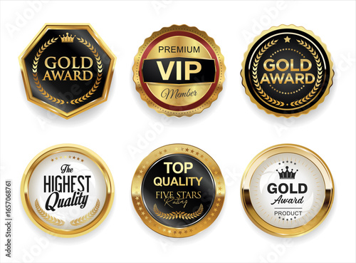 Gold and black luxury labels and badges gold premium quality and award winner ribbons stock illustration