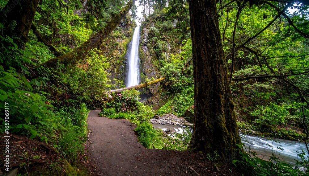 Obraz premium Lush green foliage surrounds a cascading waterfall, creating a tranquil pathway through a dense forest.