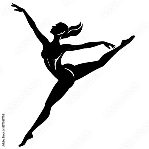 Silhouette of a graceful dancer in mid leap black white