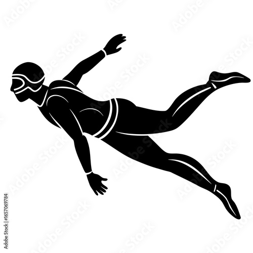 Silhouette of a diver swimming underwater black white
