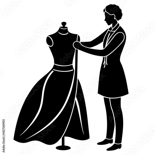 Tailor measuring fabric on mannequin dressmaking