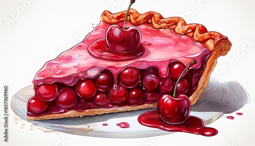 delicious and vibrant cherry pie slice with sweet red filling illustrated on white background