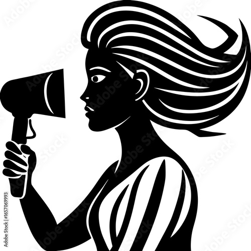 Woman blow drying hair with hairdryer silhouette