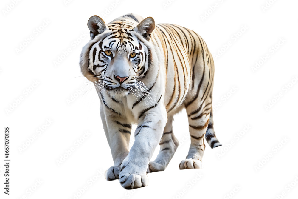 Obraz premium white tiger is walking on a rocky surface isolated on white background PNG,AI GENERATED