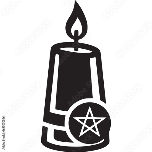 Illustration of a black candle with a pentagram isolated on white background, symbolizing magic, spirituality, and the occult